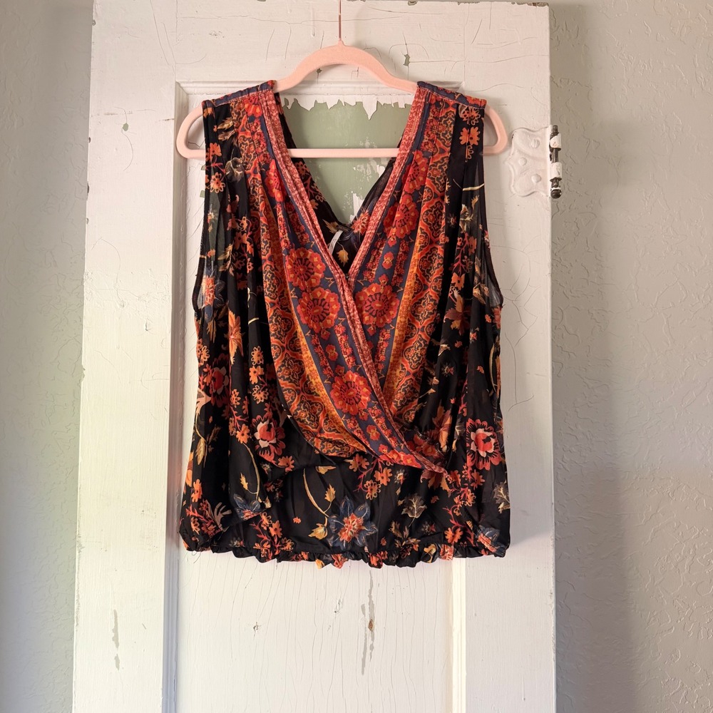 Free People Womens Medium Floral Paisley Sheer Mesh Surplice Bubble Hem Tank Top